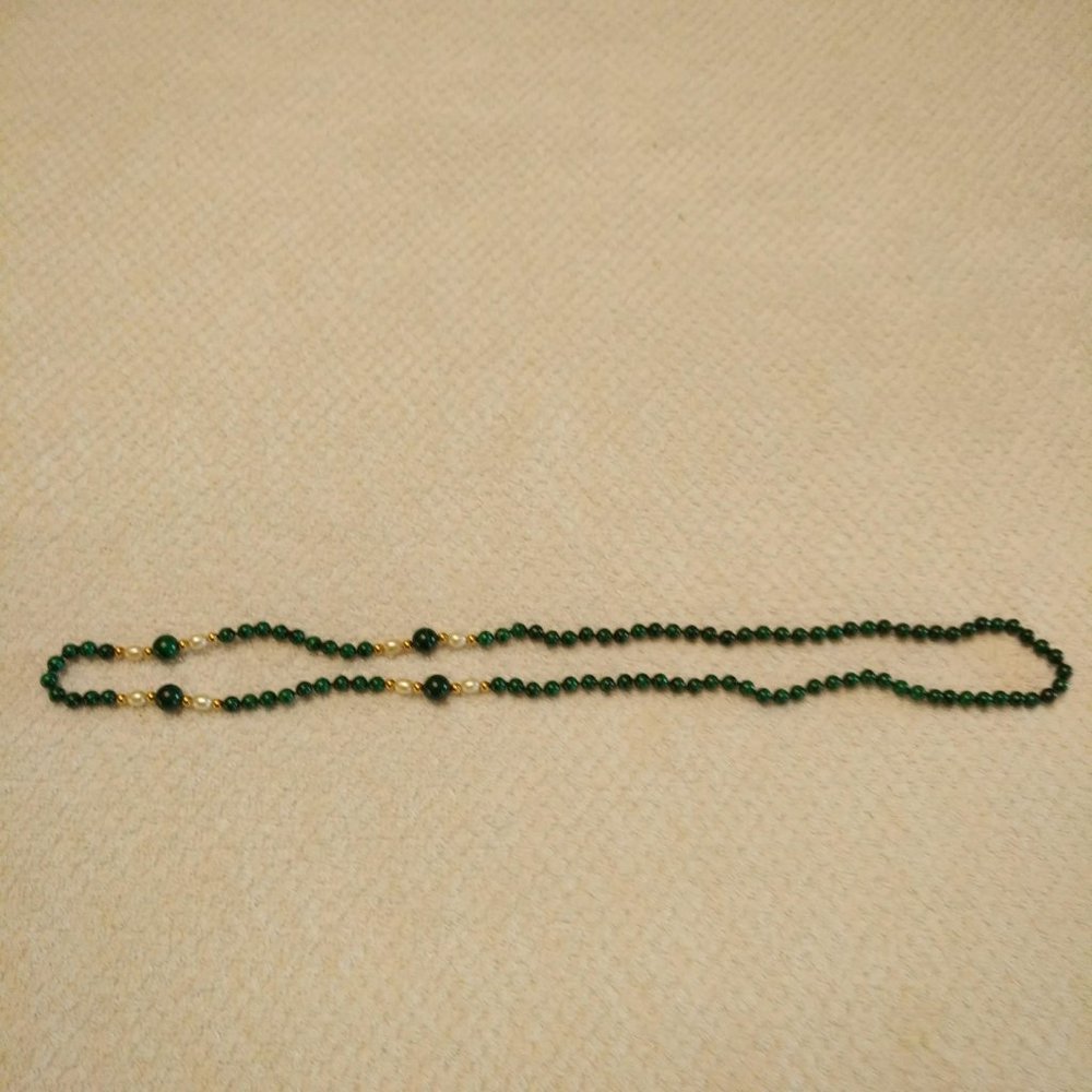NEW MALACHITE, CULTURED PEARL, & 10K GOLD NECKLACE
